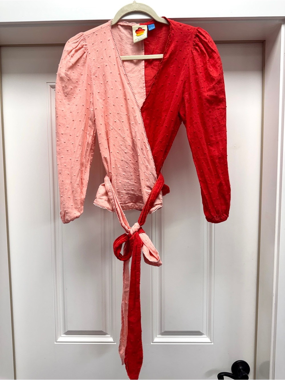 Anthropologie x FARM Rio Wrap Blouse Swiss Dot Puff Sleeve Colorblock Pink Red - Picture 9 of 15